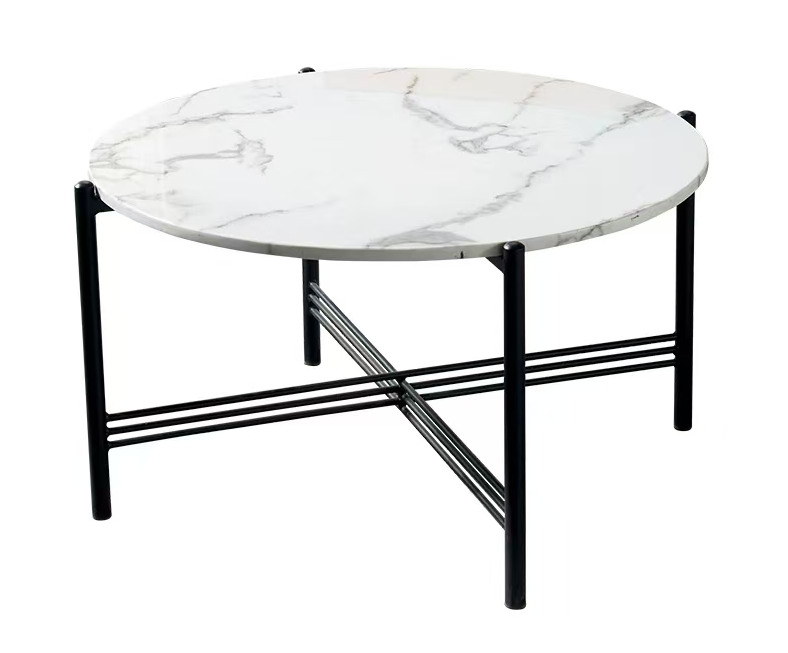 Modern Round Faux Marble Coffee Table with Black Metal X-Brace Frame