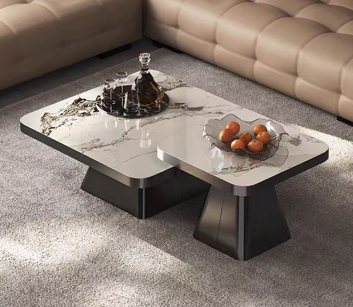 Contemporary Overlapping Rounded-Square Panda Marble Effect Coffee Table with Dual Tapered Metal Pedestals