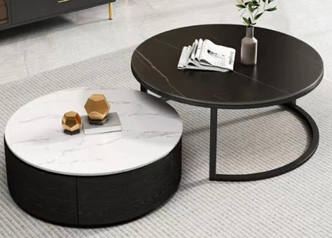 2-Piece Round Nesting Coffee Table Set with Stone Veined Tops