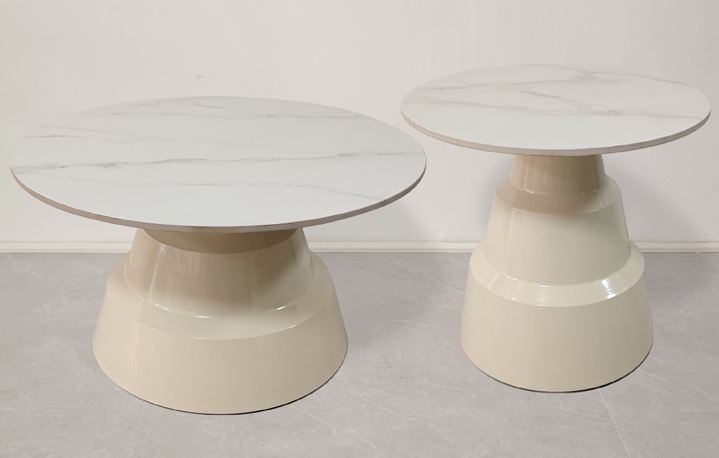 Set of 2 Nested Round Side Tables, White Faux Marble Top, Cream Stepped Pedestal Base