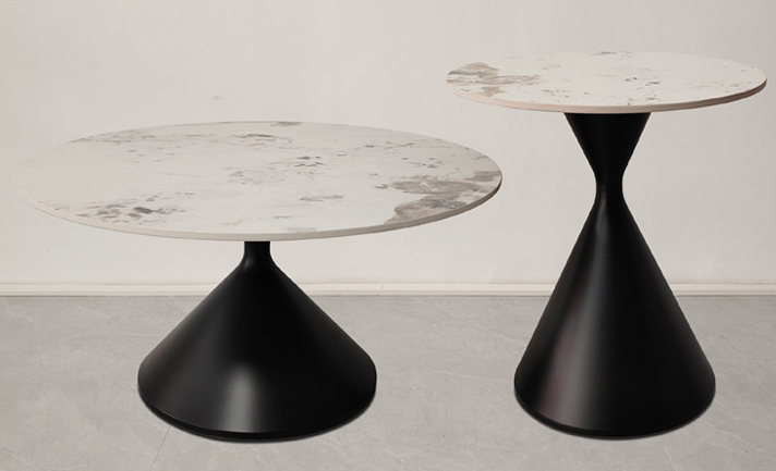 2-Piece Round Nested Coffee Table Set with Marble-Pattern Sintered Stone Tops and Matte Black Pedestal Bases