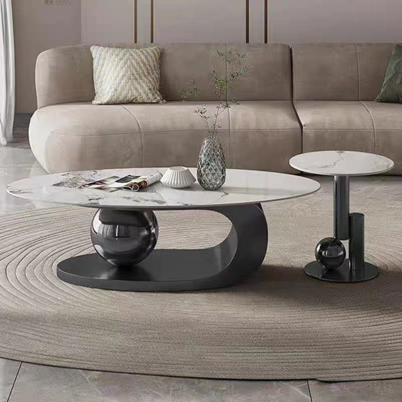 Modern Oval and Round Sintered Stone Coffee & Side End Table Set with Sculptural Black Metal Sphere Accent Base