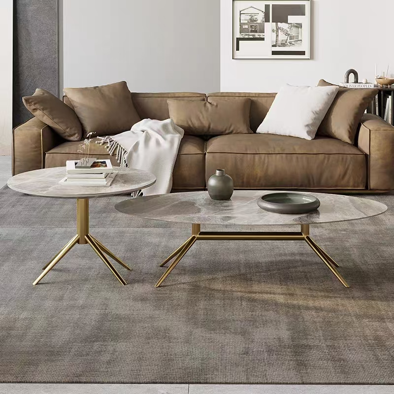 2-Piece Nesting Coffee Table Set, Grey Stone Top with Brushed Gold Metal Base