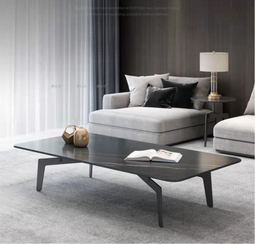 Modern Rectangular Sintered Stone Top Coffee Table with Angular Metal Legs