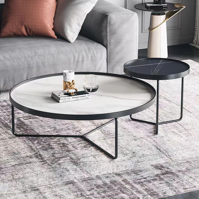2-Piece Round Nesting Coffee Table Set with Marble-Effect Sintered Stone Tops and Black Metal Frames