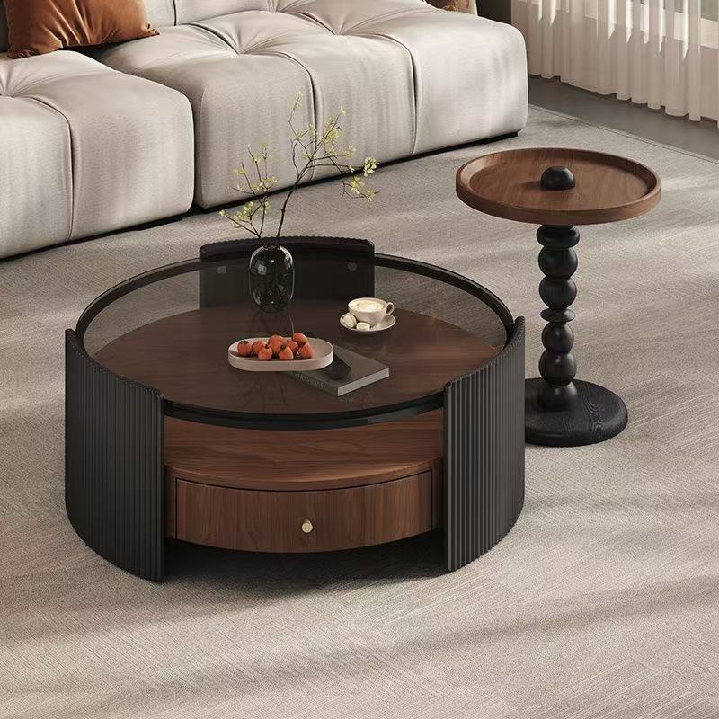 2-Piece Modern Round Coffee Table Set with Fluted Glass-Top Coffee Table and Bobbin Pedestal Tray Side Table