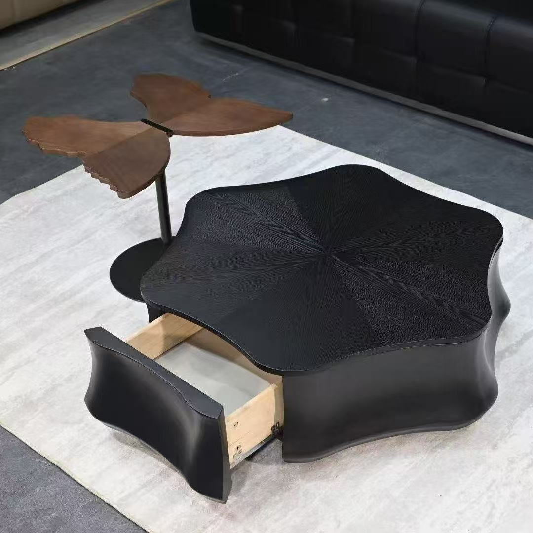 Black Cloud-Shaped Coffee Table with Rotating Butterfly Side Shelf and Storage Drawer