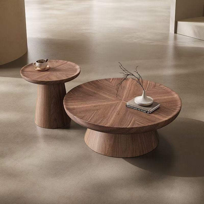 2-Piece Walnut Sunburst Round Pedestal Coffee and Side Table Set