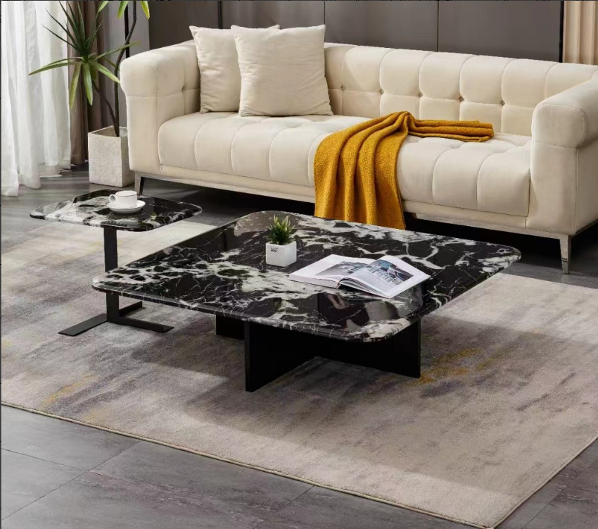 Modern Black Veined Marble Square Coffee Table with Cross Base