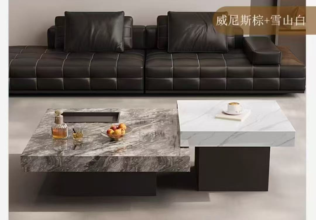 2-Piece Square Stone Top Block Pedestal Coffee Table Set, Venice Brown + Snow Mountain White