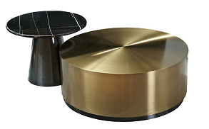 2-Piece Round Nested Coffee Table Set, Brushed Gold Drum Base with Black Veined Top Side Table