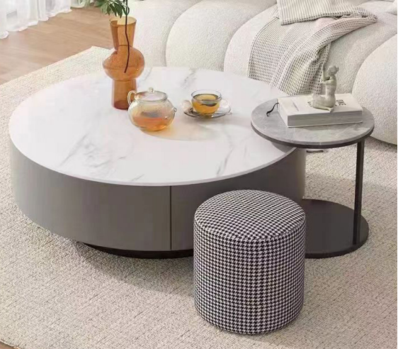 Modern Round Storage Coffee Table Set with Nesting Side Table and Upholstered Ottoman