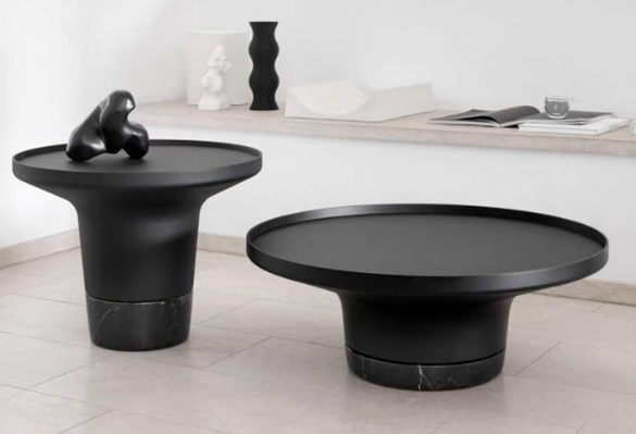 2-Piece Sculptural Matte Black Round Nesting Coffee Table Set with Black Marble Plinths