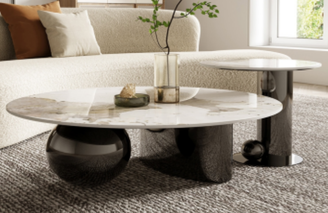 Contemporary Oval Marble-Pattern Coffee Table with Matching Round Side Table, Sculptural Black Metal Base