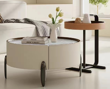 Modern 2-Piece Round Nesting Coffee Table Set with Storage and Leather Tray Top Side Table