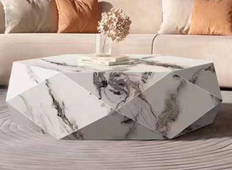 Faceted Diamond-Cut White Marble Vein Monolithic Block Coffee Table