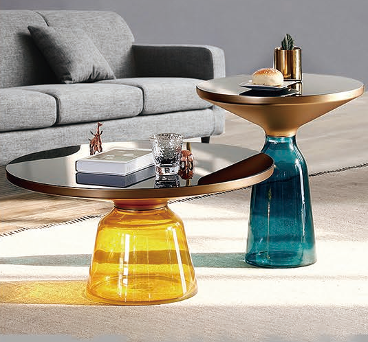 2-Piece Round Nesting Coffee Table Set with Colored Glass Bell Pedestal Bases