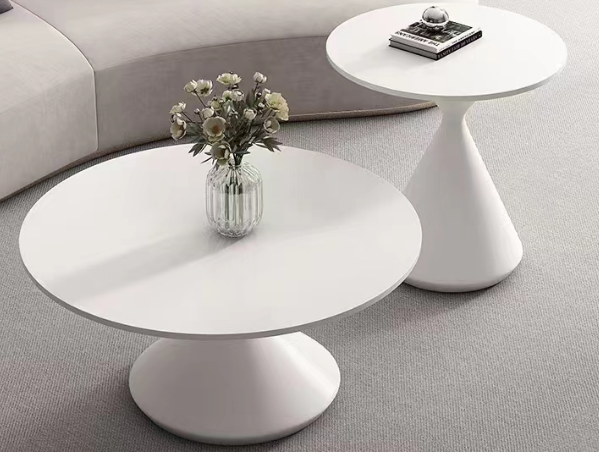 Matte White 2-Piece Round Nesting Coffee Table Set with Hourglass Pedestal Bases