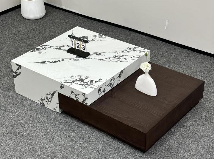 Two-Tone Interlocking Square Plinth Coffee Table, Calacatta Marble Look and Dark Wood Finish