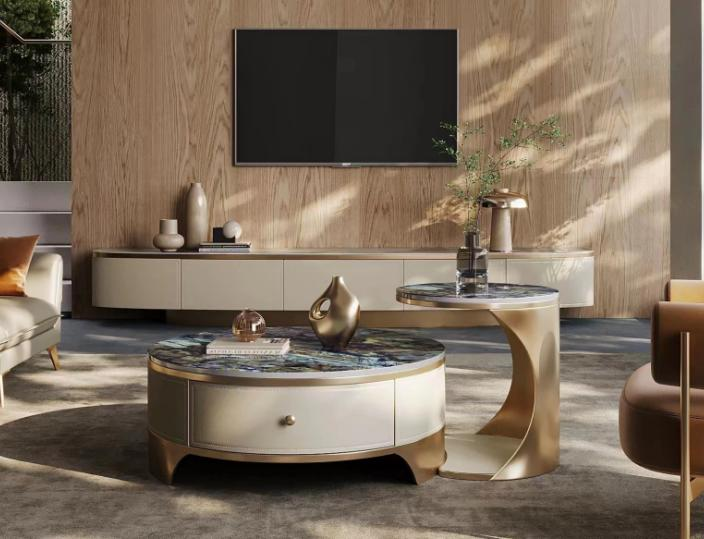 Modern Curved-End Matte Cream TV Media Console with Champagne Gold Plinth Base
