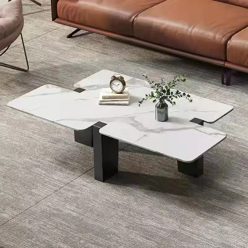 Modern Interlocking Irregular White Veined Coffee Table with Black Block Legs