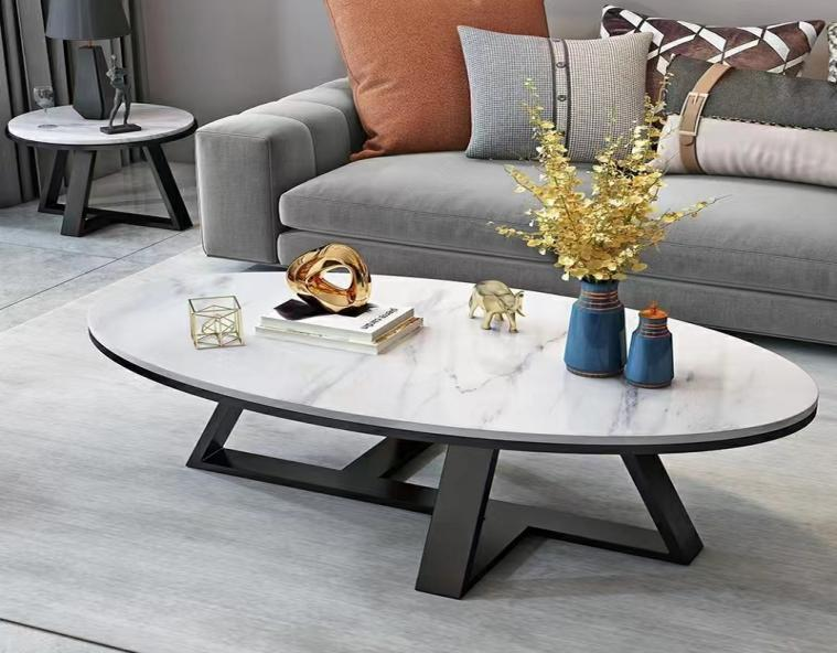 Oval Veined White Stone Top Coffee Table with Black Geometric Metal Base