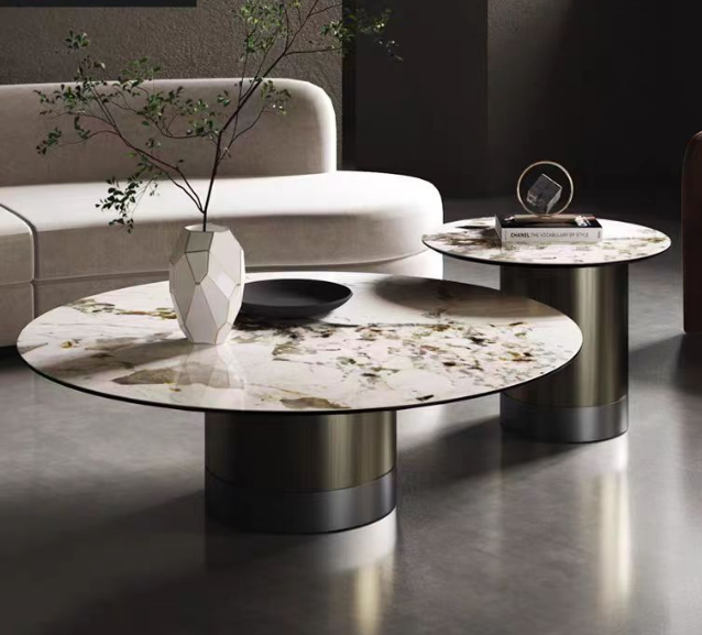 2-Piece Round Nesting Coffee Table Set, Marble-Look Sintered Stone Top with Brushed Bronze Cylindrical Metal Pedestal
