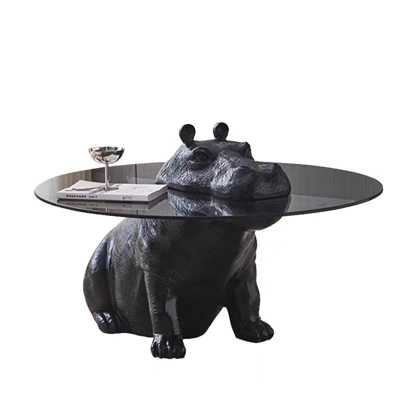 Round Smoked Tempered Glass Coffee Table with Black Seated Hippo Sculptural Base
