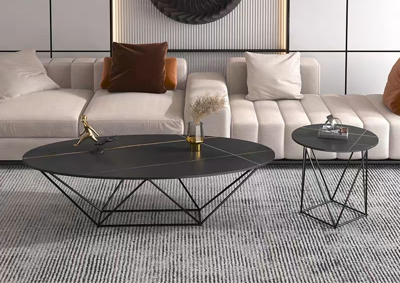 Modern Oval Black Stone Coffee Table with Matching Round Side Table, Geometric Black Metal Frame