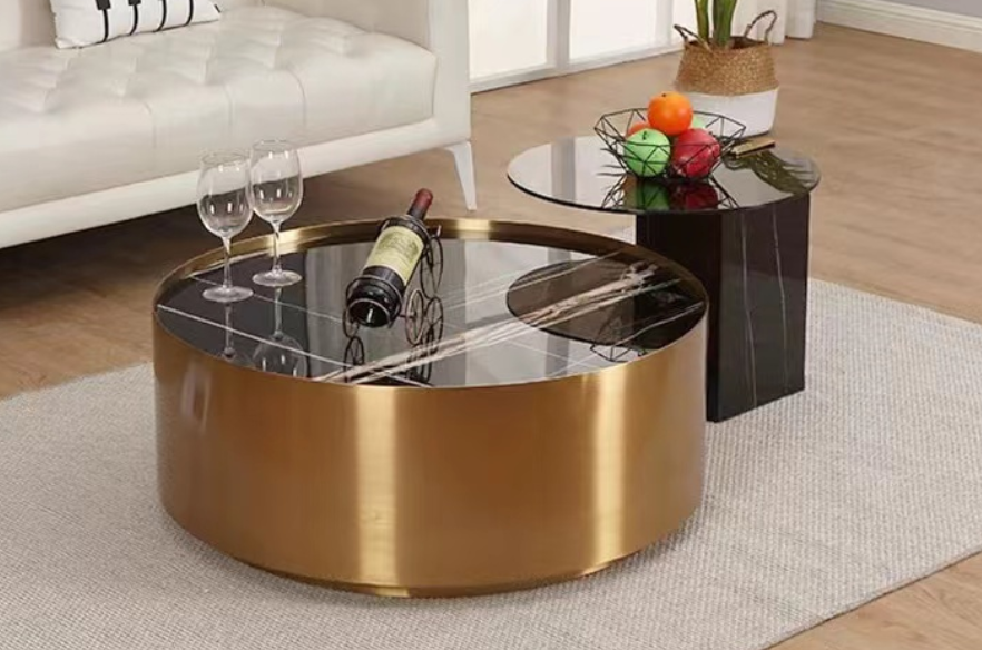 2-Piece Nested Swivel Round Drum Coffee Table Set, Black Veined Glass Top Brushed Gold Base with Clear Glass Side Table Black Plinth