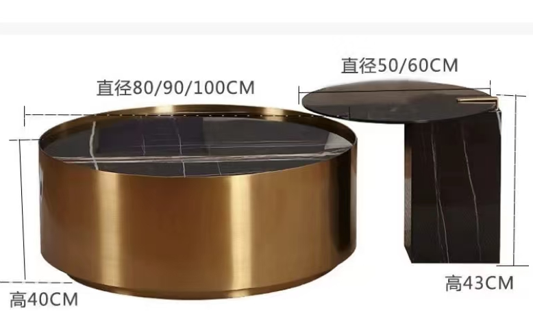Nesting Round Coffee Table Set with Brushed Gold Frame and Dark Stone Top