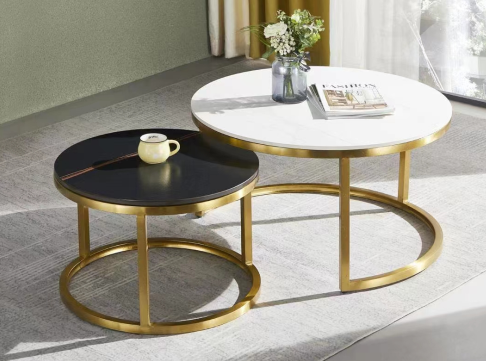 Two-Piece Round Nesting Coffee Table Set, White/Black Tops with Brushed Gold Frame