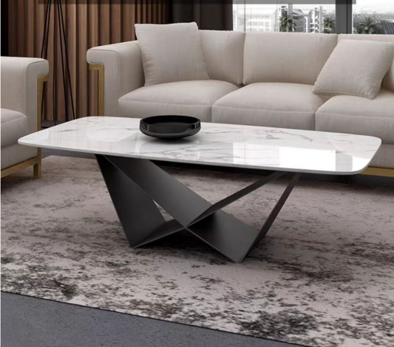Rectangular White Marble-Veined Coffee Table with Black Geometric Metal Base