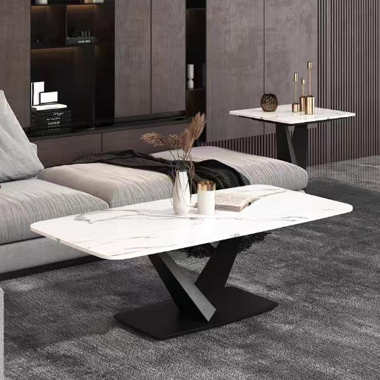 Modern Rectangular White Veined Coffee Table with Dual-Tone Geometric Metal Base