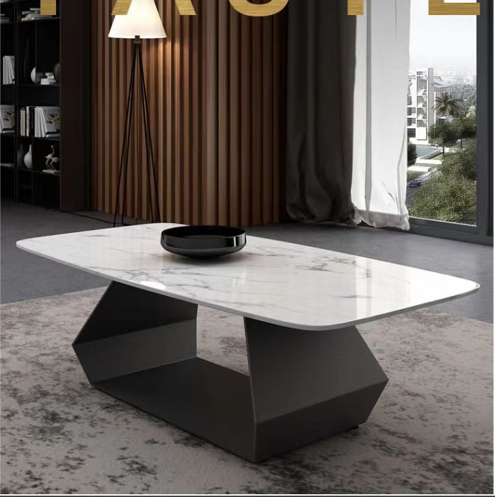 Rectangular White Veined Marble Coffee Table with Angular Black Geometric Base