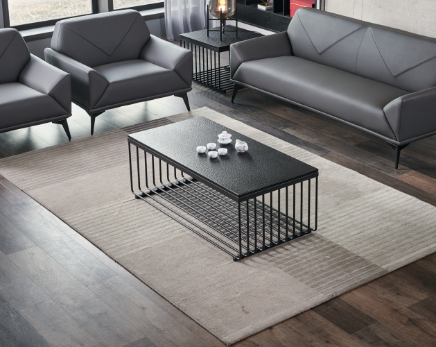 Industrial Rectangular Two-Tier Coffee Table with Dark Textured Top and Black Slat Metal Frame