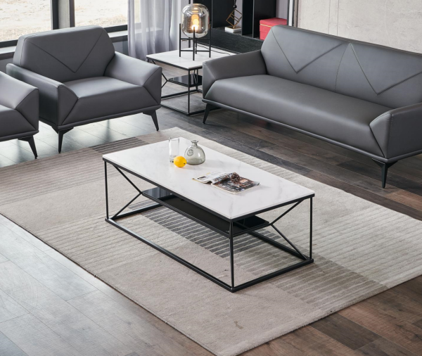 Modern Rectangular Coffee Table with White Veined Top, Black Metal X-Brace Frame and Lower Storage Shelf