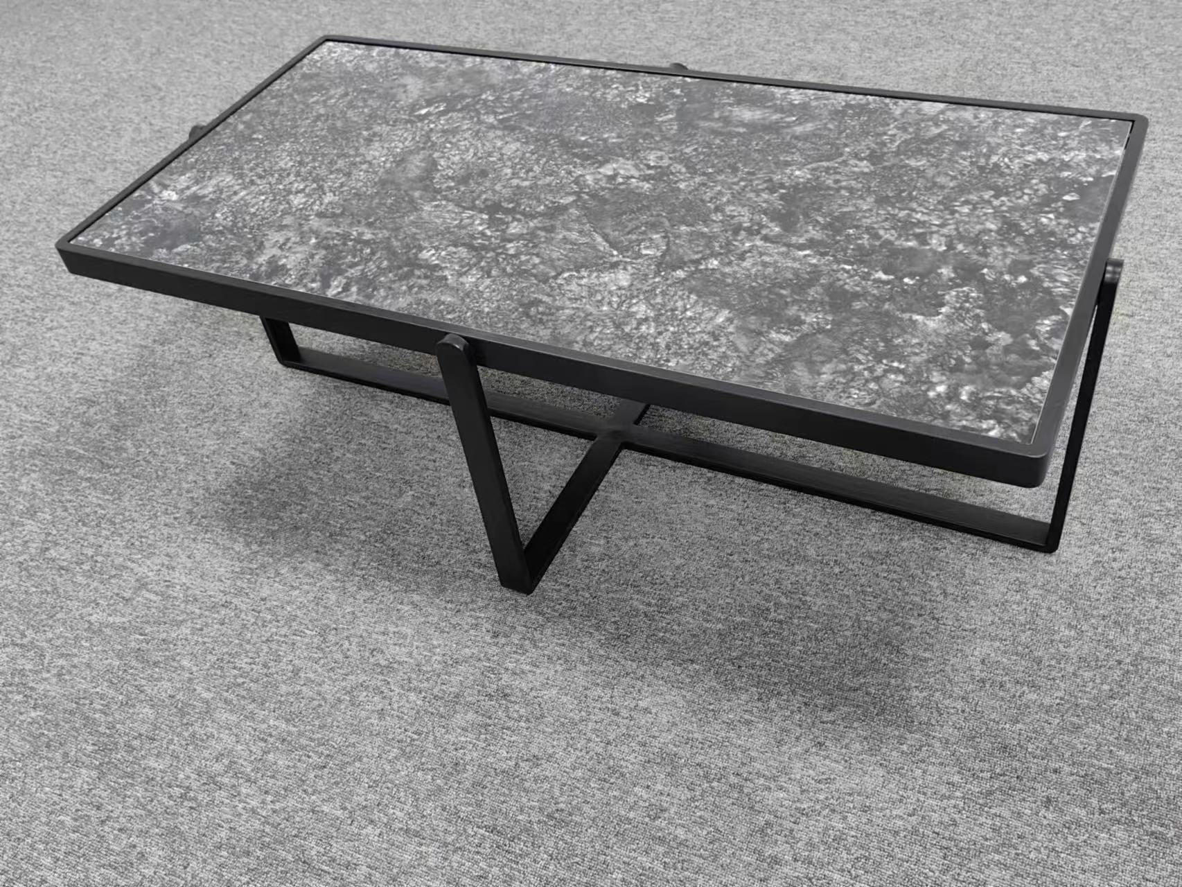 Rectangular Stone-Effect Top Low Coffee Table with Black Metal Frame