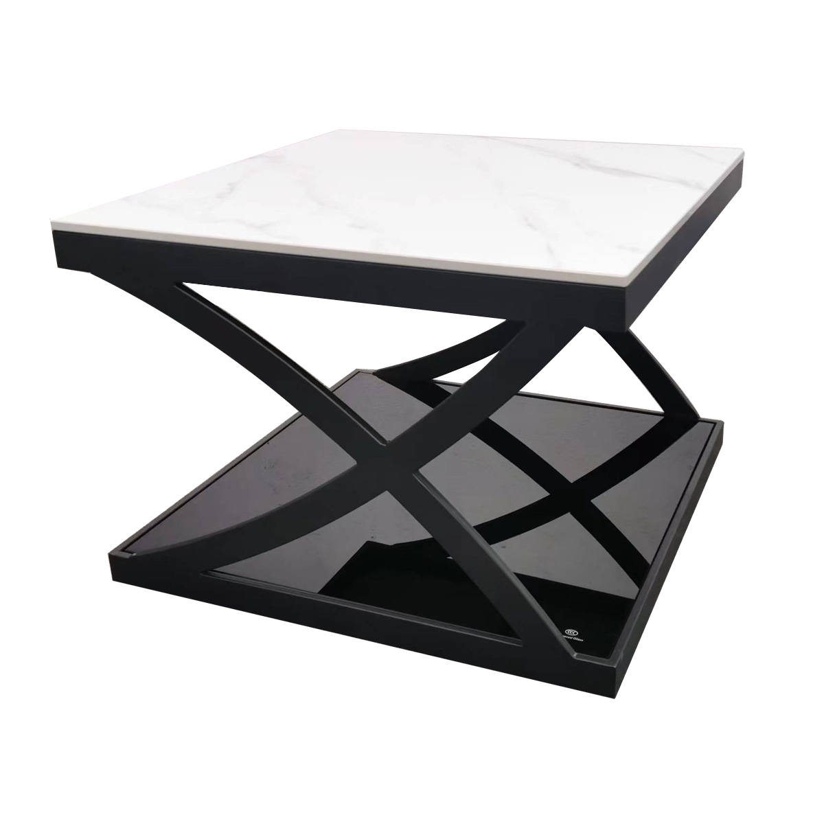 Modern Square Coffee Table with White Marble-Look Top, Black X-Cross Metal Frame and Lower Black Glossy Shelf