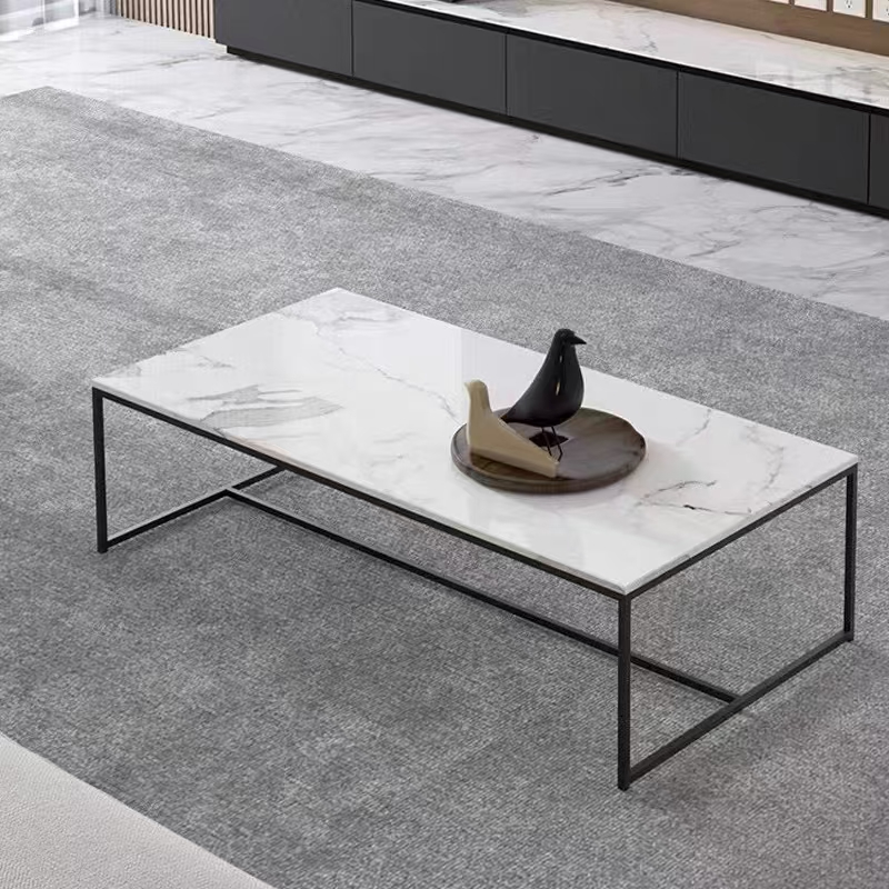 Minimalist Rectangular Coffee Table with Sintered Stone Top and Black Metal Frame