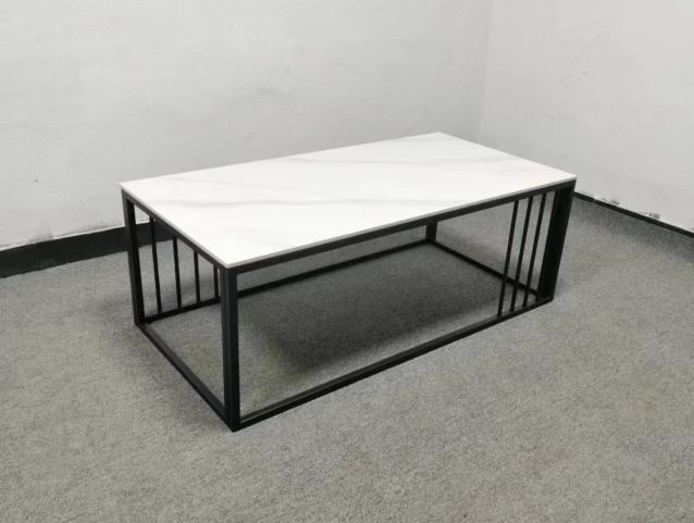 Modern Rectangular Coffee Table with White Veined Top and Black Metal Slatted Open Cage Frame