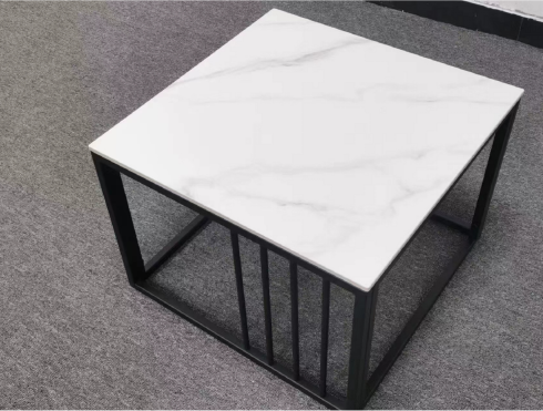 Square White Marble-Veined Coffee Table with Black Metal Slatted Cage Base