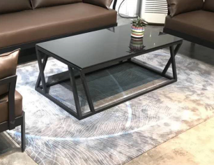 Rectangular Smoked Black Glass Coffee Table with Matte Black Geometric X-Brace Metal Frame