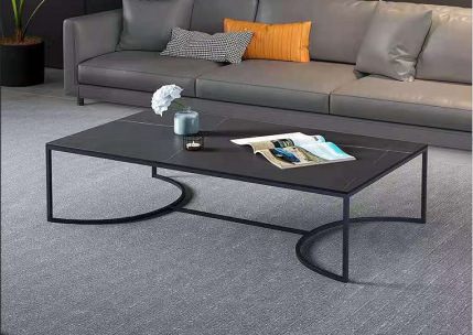 Contemporary Dark Rectangular Coffee Table with Black Metal Curved Open Frame