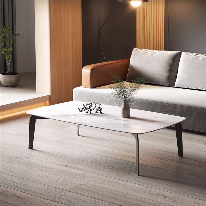 Modern Rectangular White Veined Coffee Table with Angled Two-Tone Metal Legs
