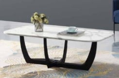 Modern Rectangular White Sintered Stone Coffee Table with Black Curved Metal Open Base