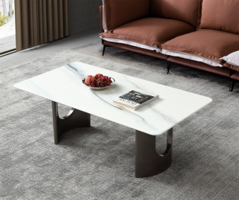 Modern Rectangular White Veined Stone Coffee Table with Sculptural Dark Metal Legs
