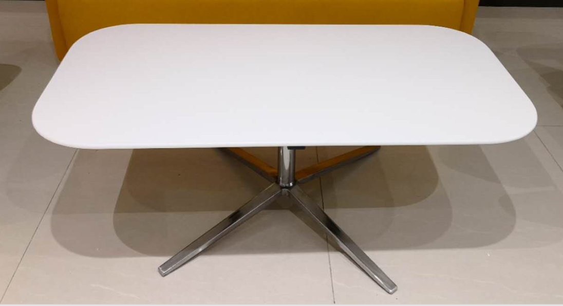 Rounded Rectangular White Coffee Table with Polished Chrome 4-Star Base