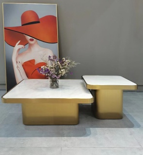 2-Piece Nested Square Coffee Table Set with White Stone Top and Brushed Gold Plinth Base