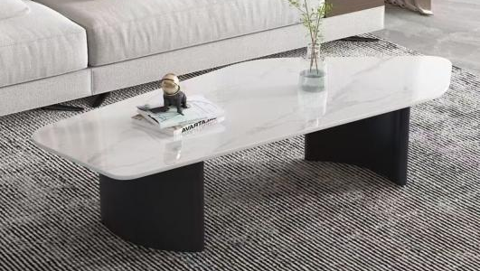 Organic Pebble-Shaped Glossy White Veined Coffee Table with Matte Black Curved Panel Bases